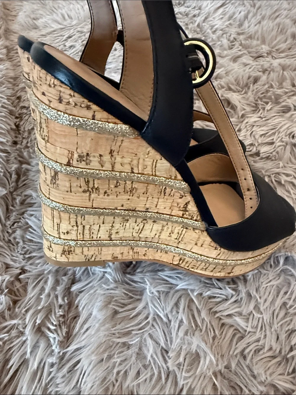 Kurt Geiger Black Leather Cork Wedge Sandals